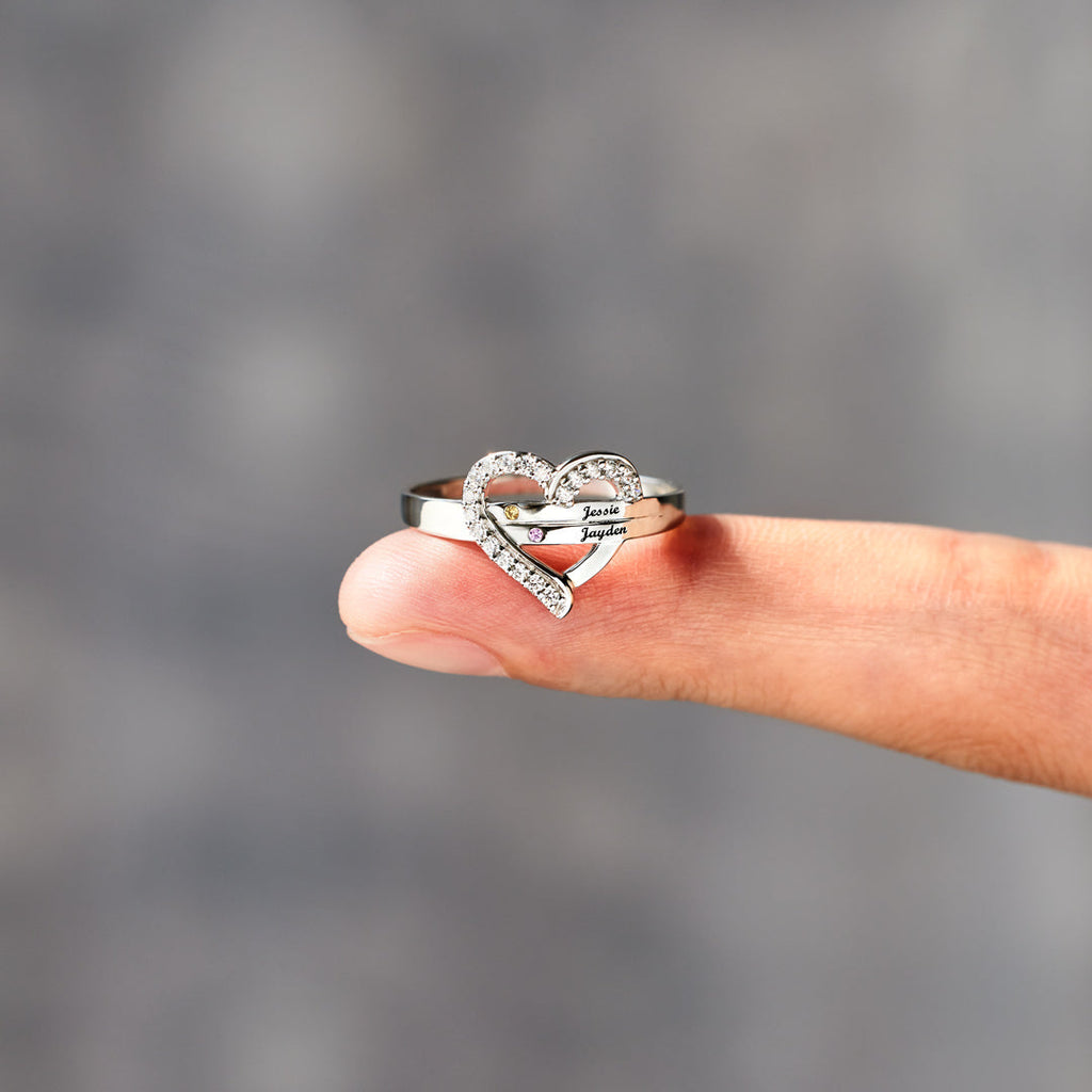 We're A Team Two Names&Birthstones Heart Ring