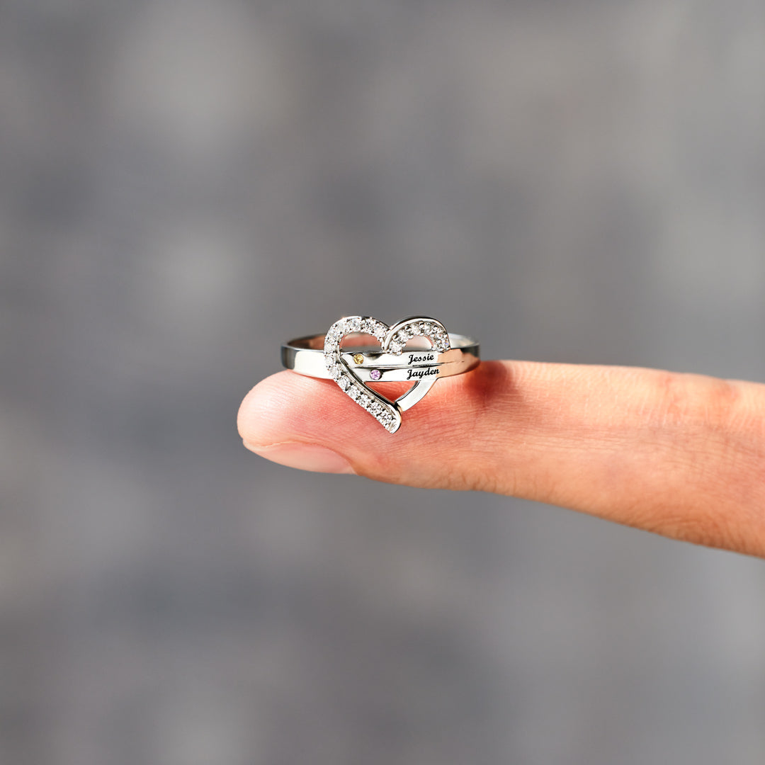 We're A Team Two Names&Birthstones Heart Ring