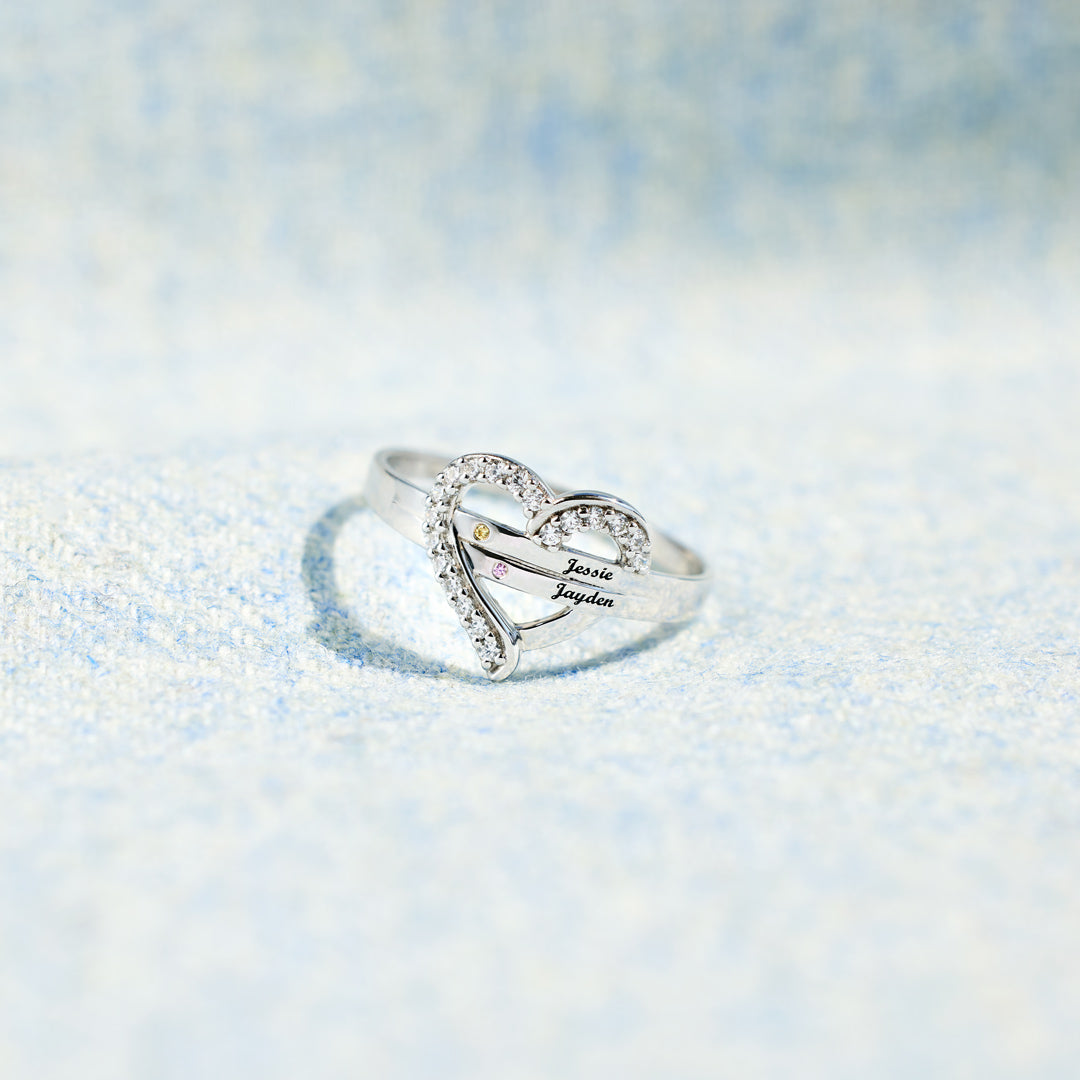 We're A Team Two Names&Birthstones Heart Ring