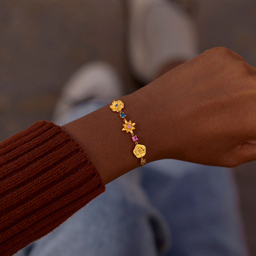 Grandma's Garden 1-10 Three-Dimensional Birth Flowers With Birthstones Bracelet