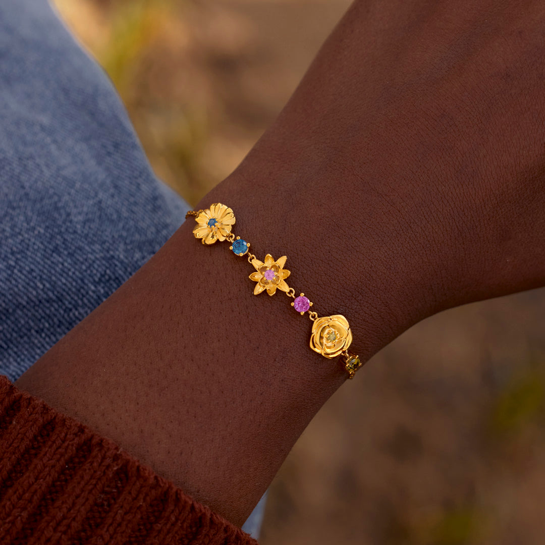 Grandma's Garden 1-10 Three-Dimensional Birth Flowers With Birthstones Bracelet