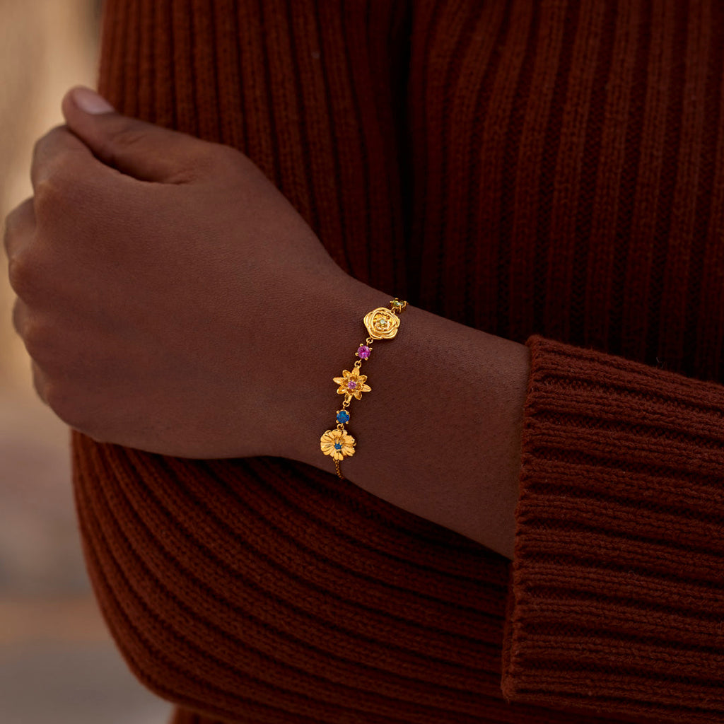Grandma's Garden 1-10 Three-Dimensional Birth Flowers With Birthstones Bracelet