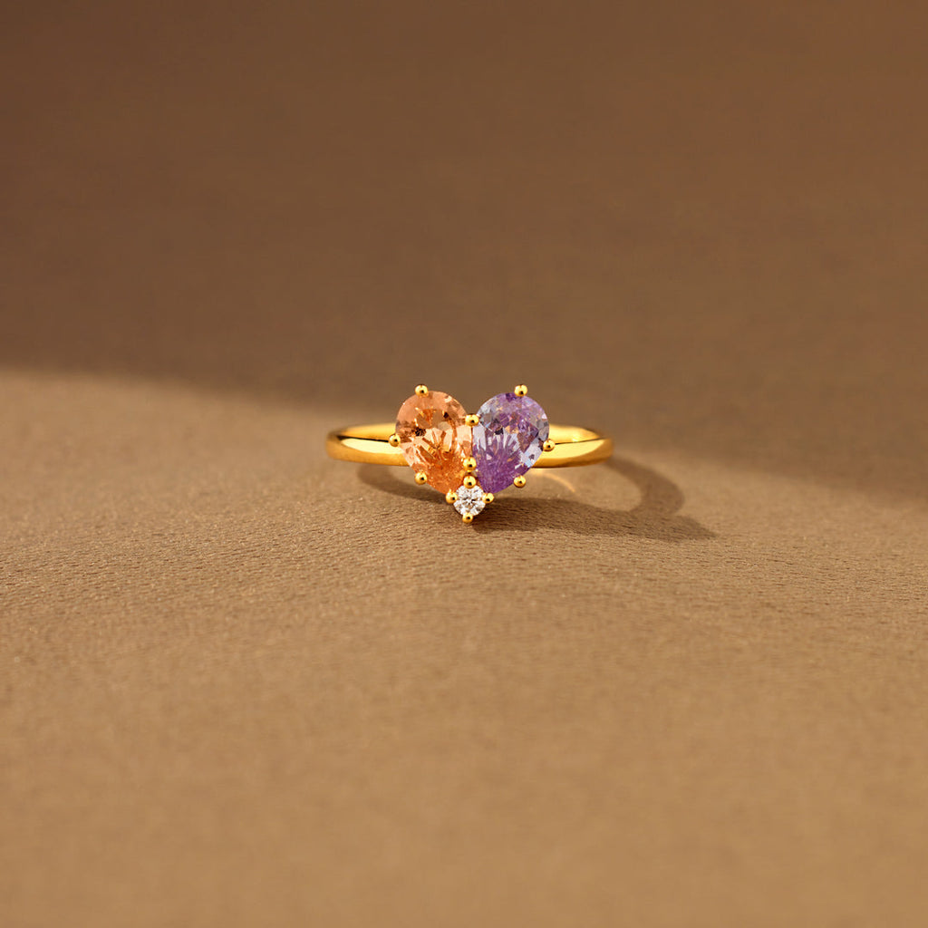 Mother & Daughter Dual Water Drop Birthstone Heart Ring