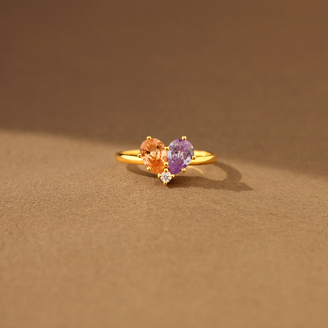Mother & Daughter Dual Water Drop Birthstone Heart Ring