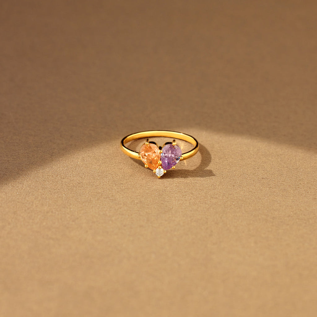 Mother & Daughter Dual Water Drop Birthstone Heart Ring