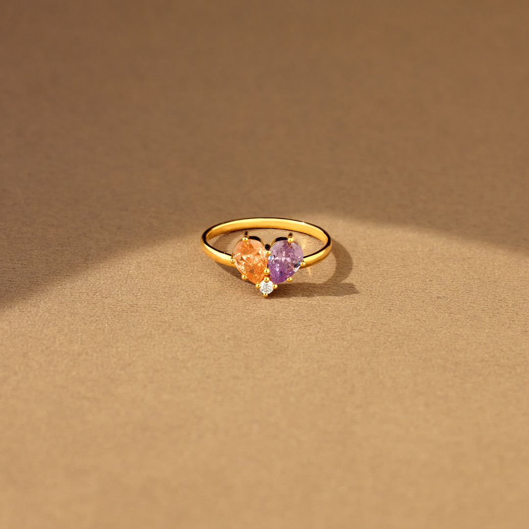 Mother & Daughter Dual Water Drop Birthstone Heart Ring