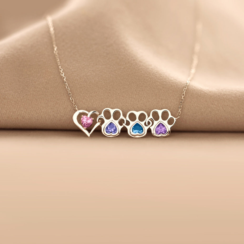 The Dog Mother & Her Pups Heart & 1-6 Paw Birthstones Necklace
