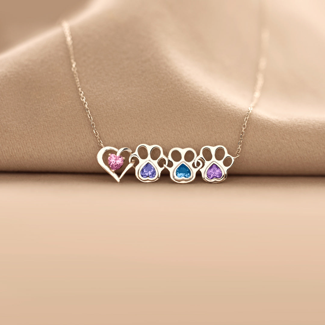 The Dog Mother & Her Pups Heart & 1-6 Paw Birthstones Necklace