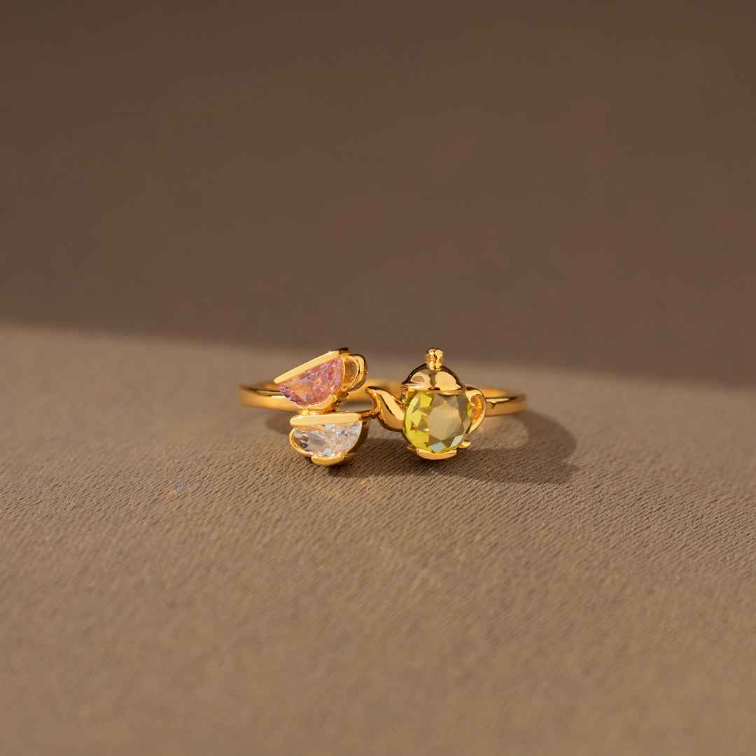 Mama’s Love Teapot & 1–6 Teacups Birthstone Ring