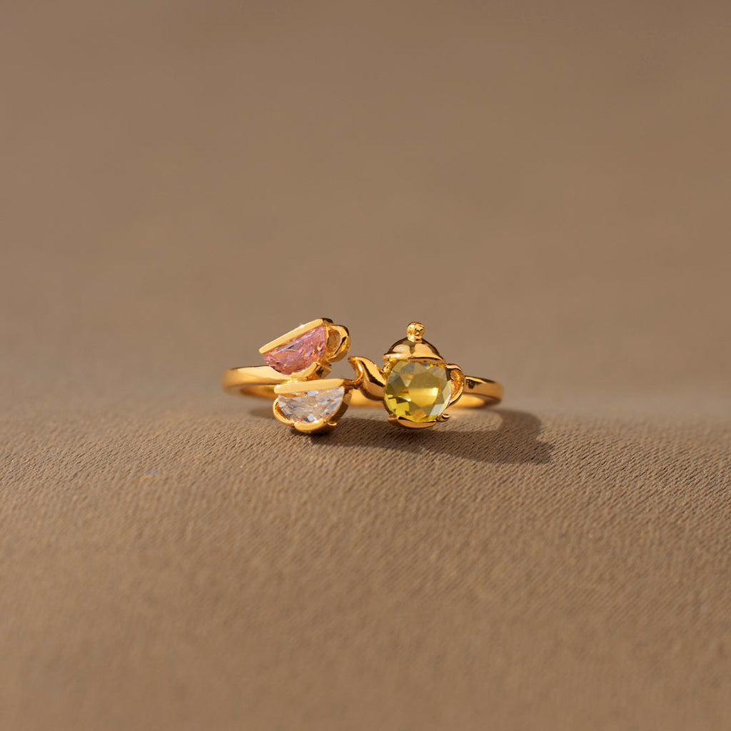 Mama’s Love Teapot & 1–6 Teacups Birthstone Ring