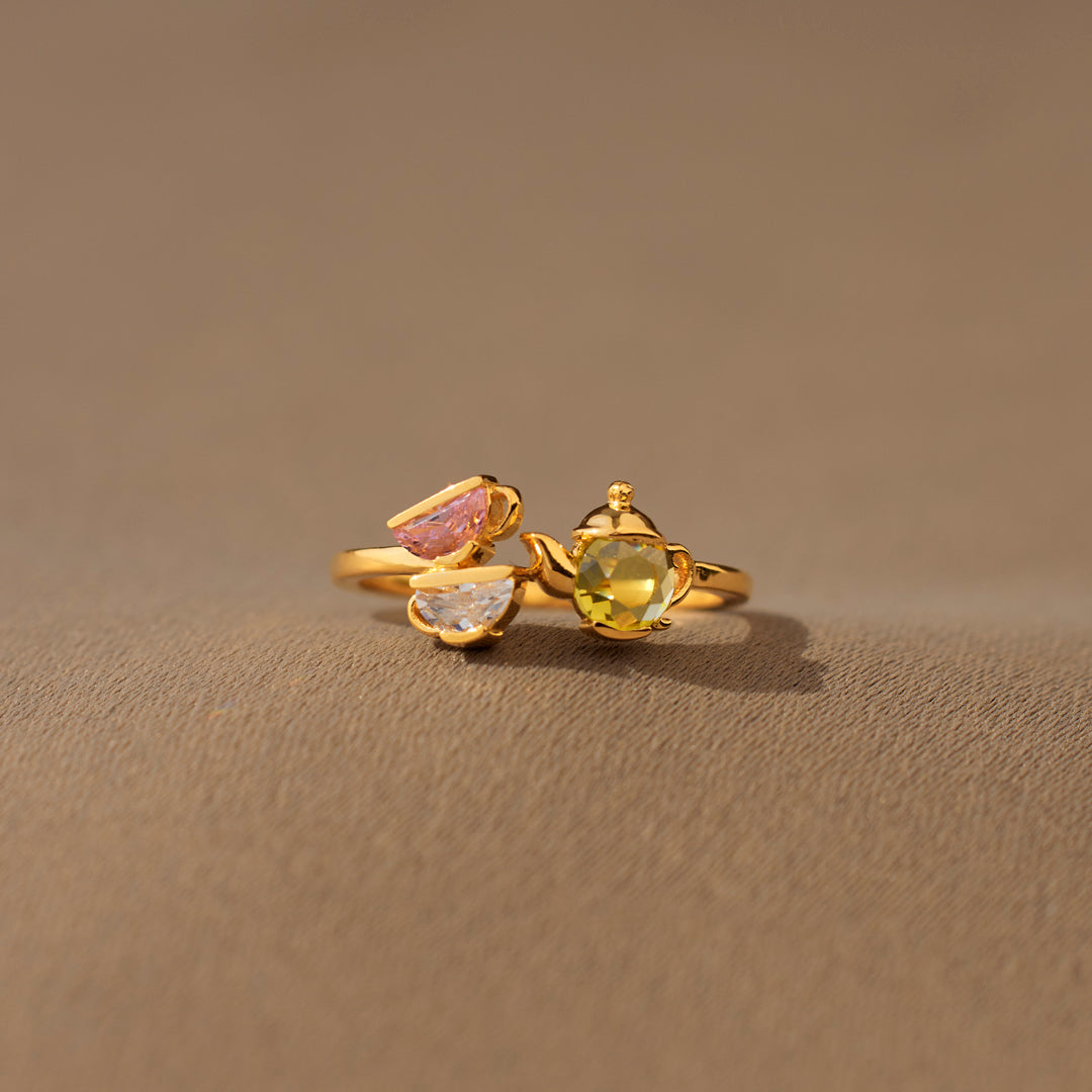 Mama’s Love Teapot & 1–6 Teacups Birthstone Ring