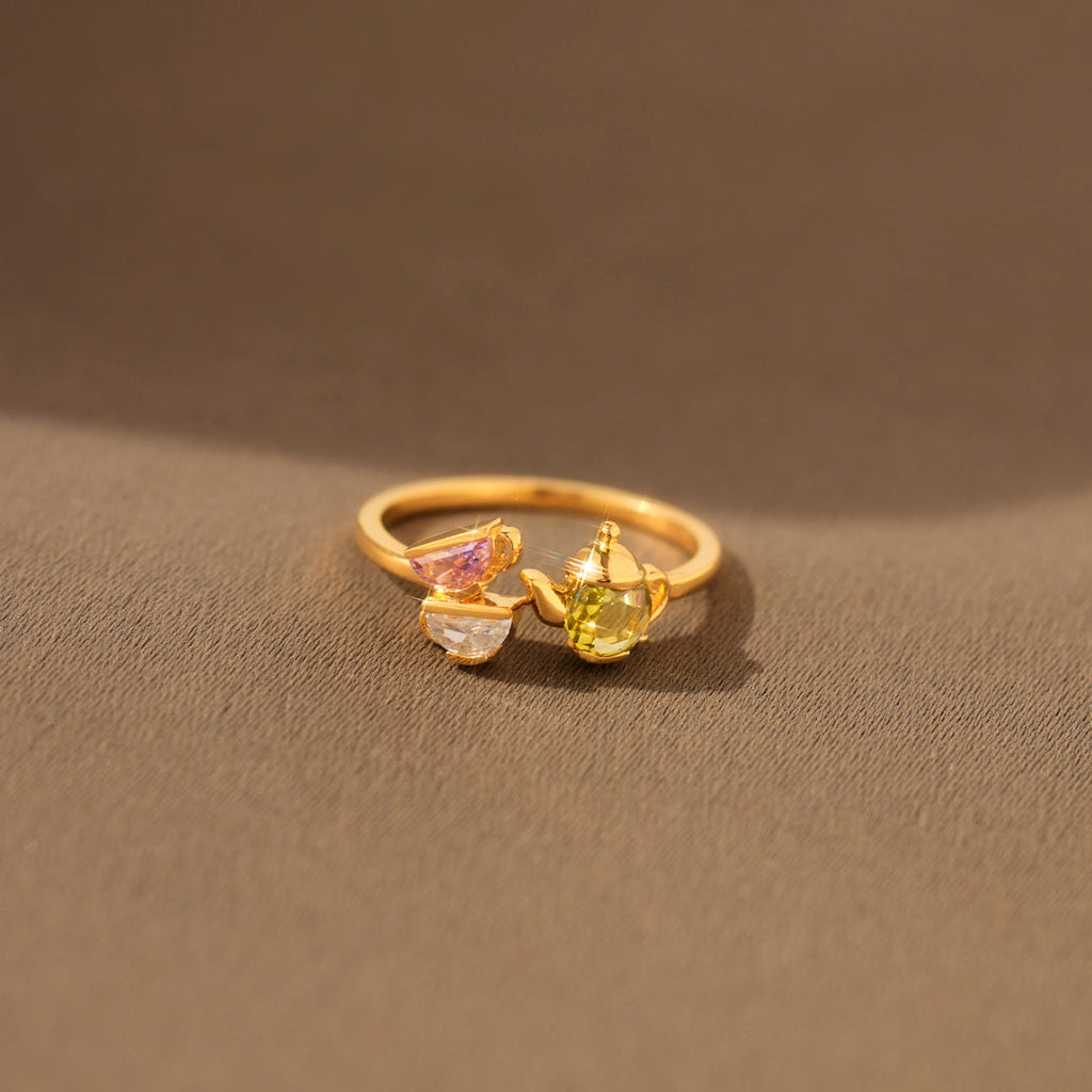 Mama’s Love Teapot & 1–6 Teacups Birthstone Ring