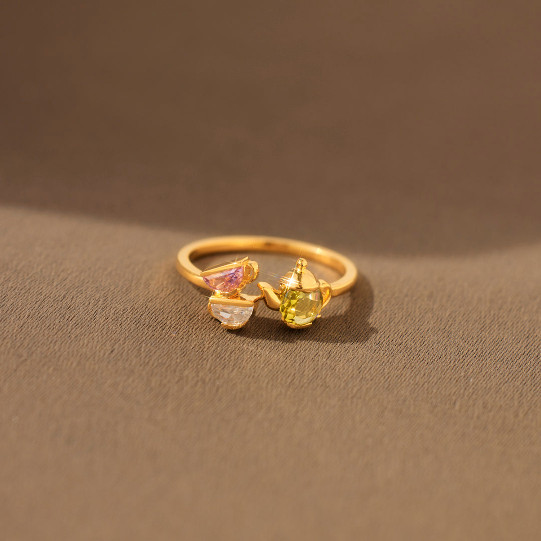Mama’s Love Teapot & 1–6 Teacups Birthstone Ring