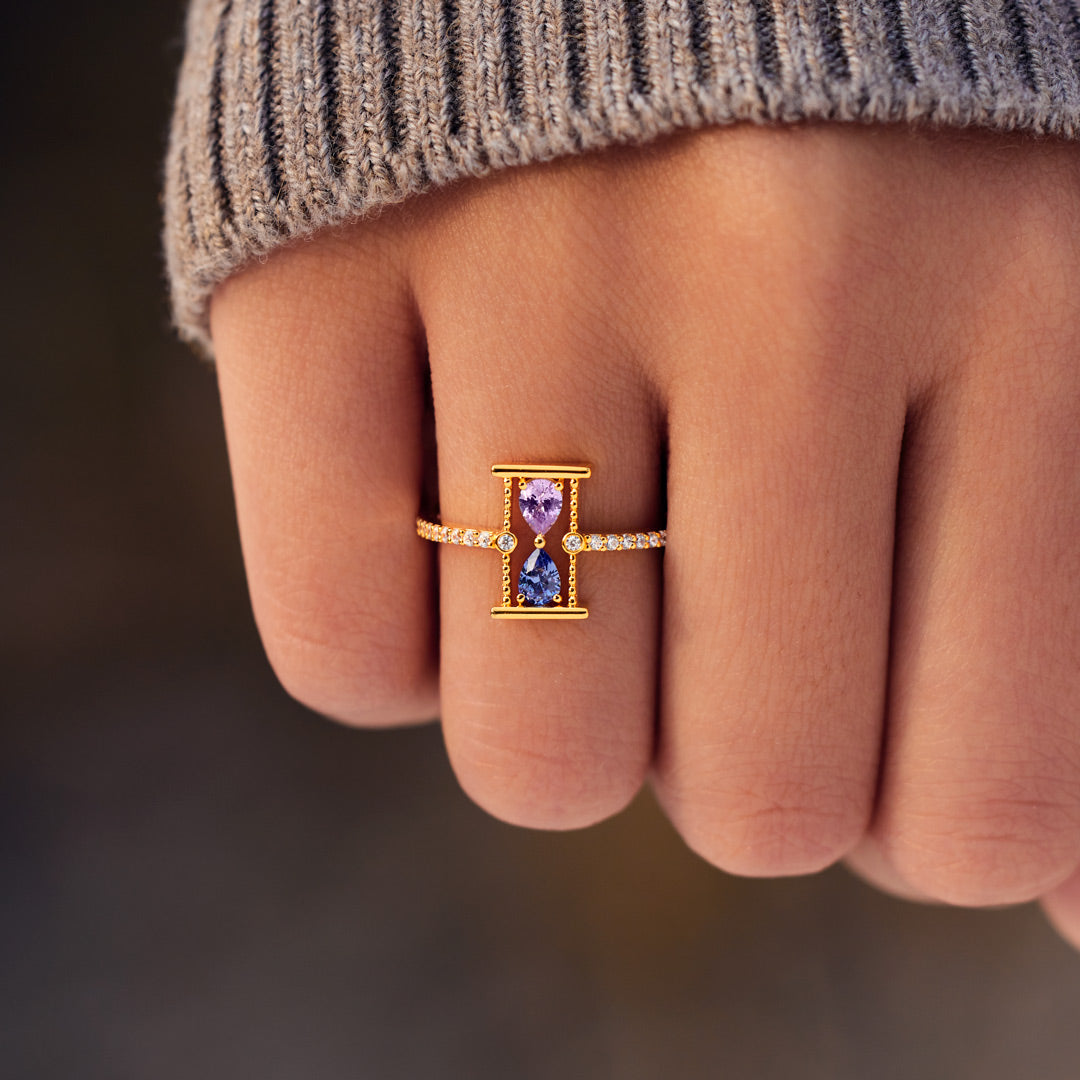 For Mother & Daughter Hourglass Double Birthstone Ring