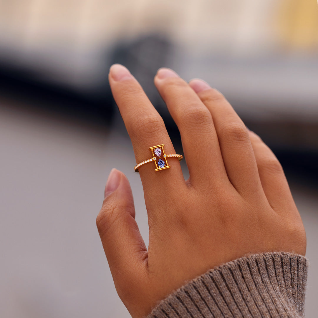 Time Or Distance Won't Change Our Love Hourglass Double Birthstone Ring