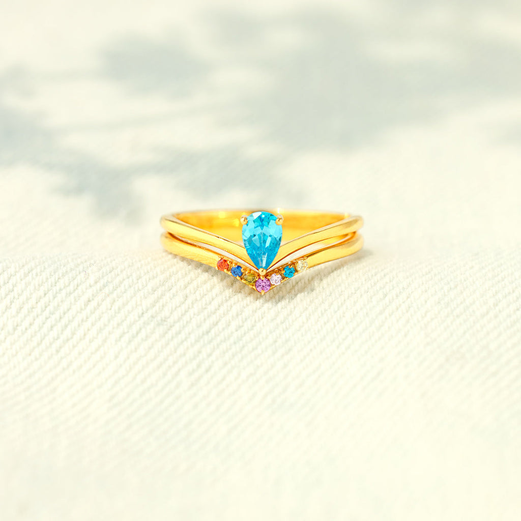 Mom And Kids 1-9 Birthstones Pear Cut Chevron Ring