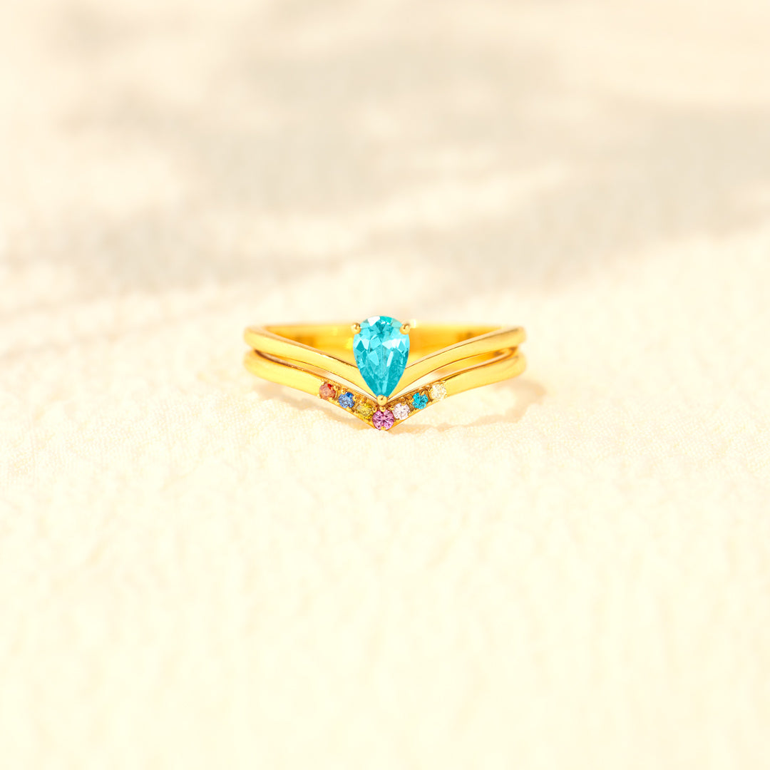 Mom And Kids 1-9 Birthstones Pear Cut Chevron Ring