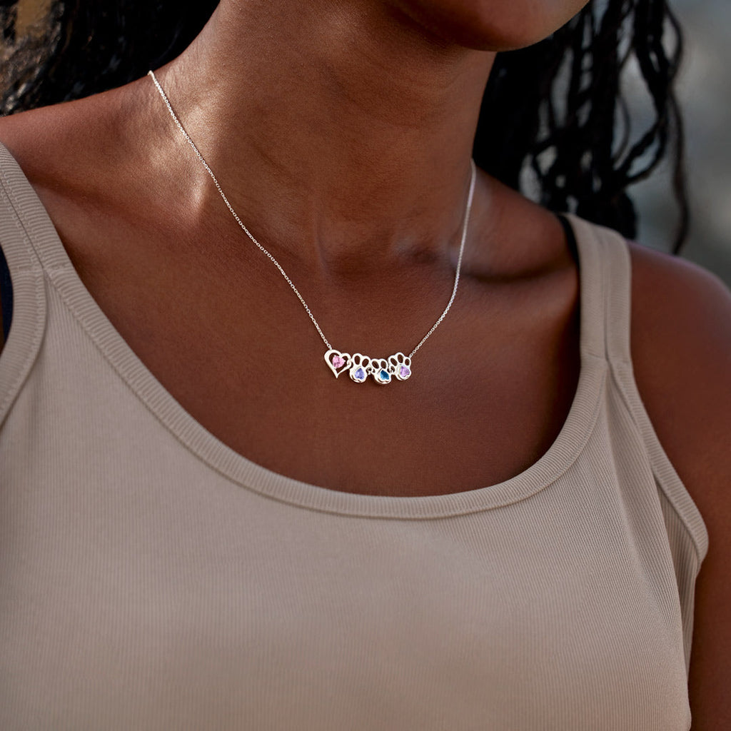 The Dog Mother & Her Pups Heart & 1-6 Paw Birthstones Necklace