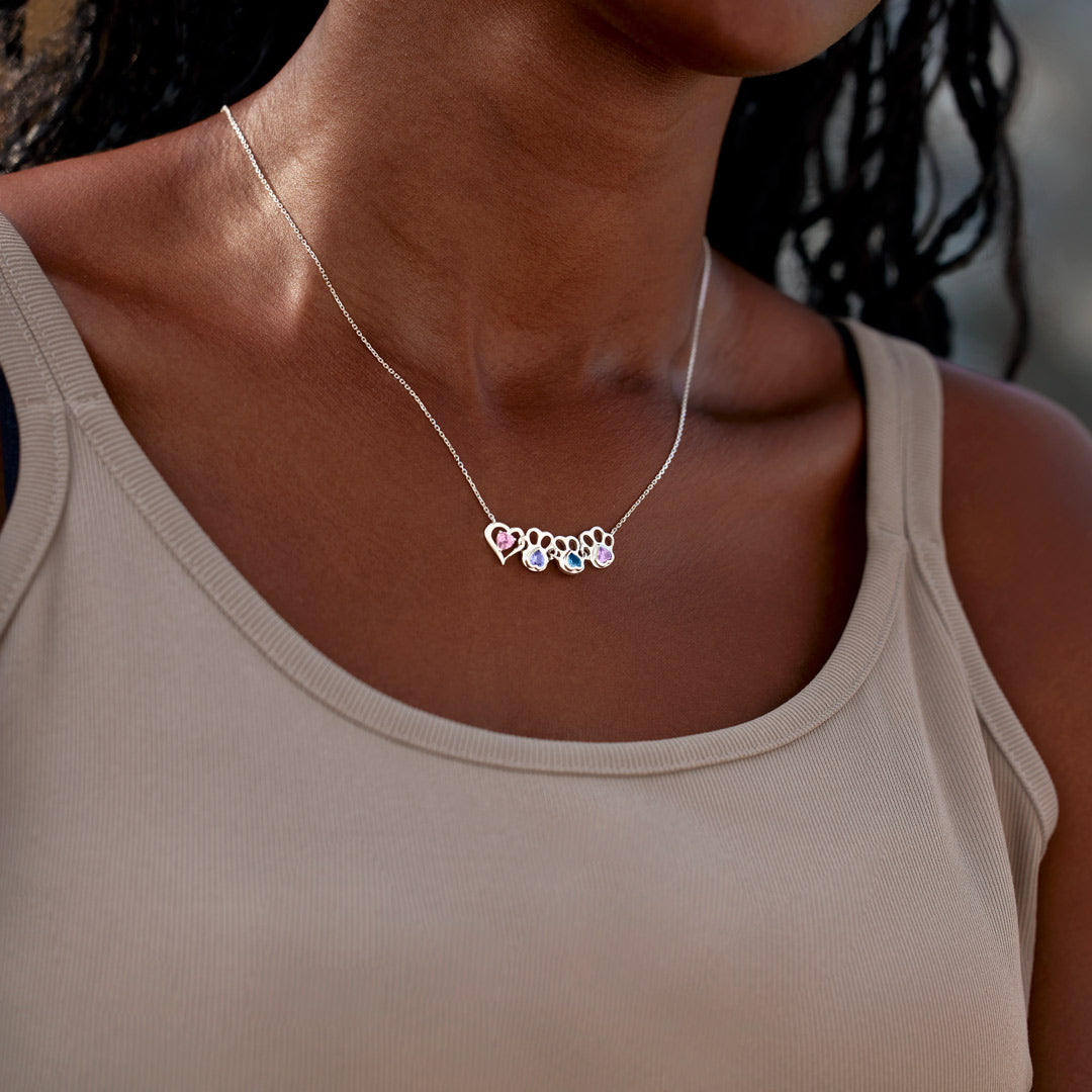 The Dog Mother & Her Pups Heart & 1-6 Paw Birthstones Necklace