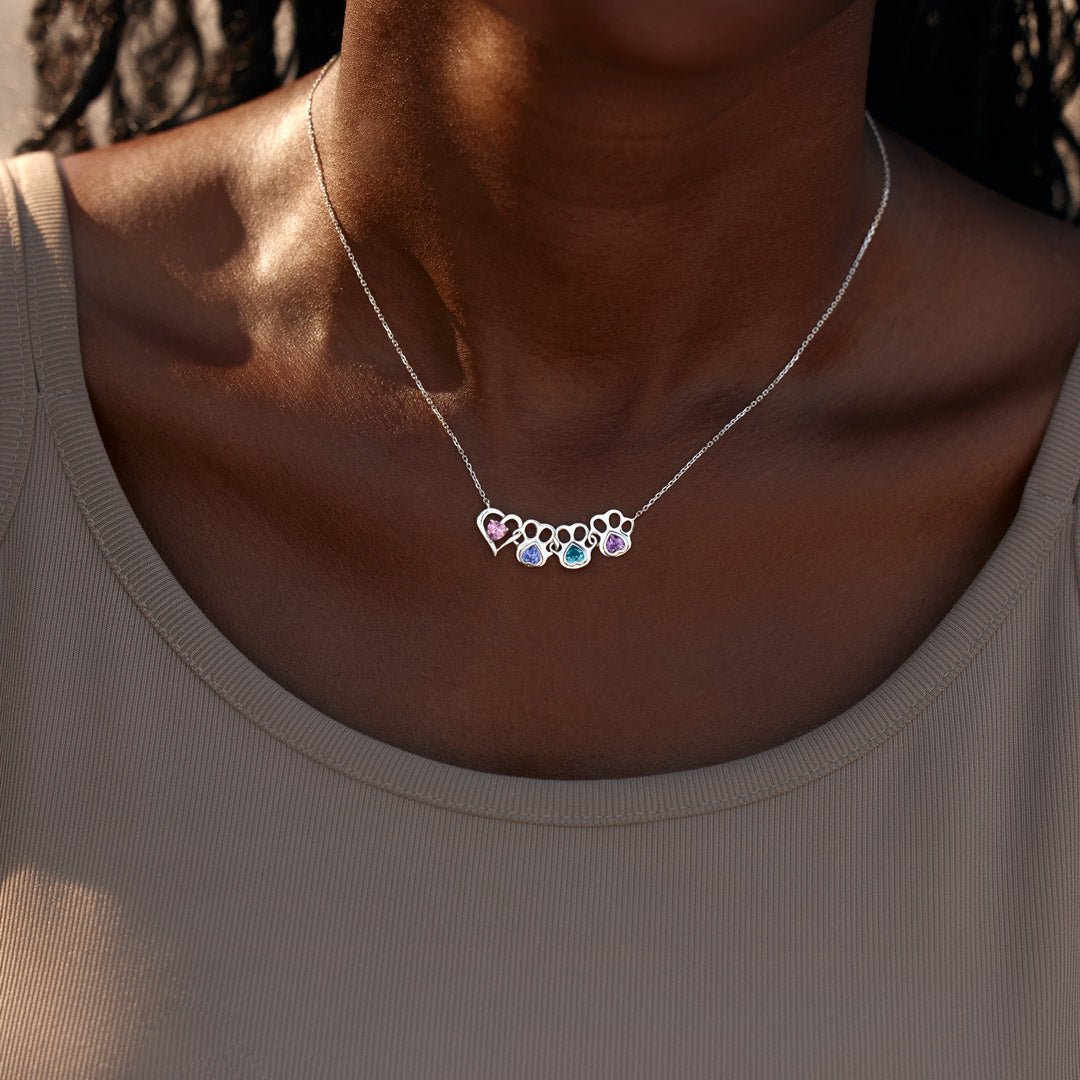 The Dog Mother & Her Pups Heart & 1-6 Paw Birthstones Necklace