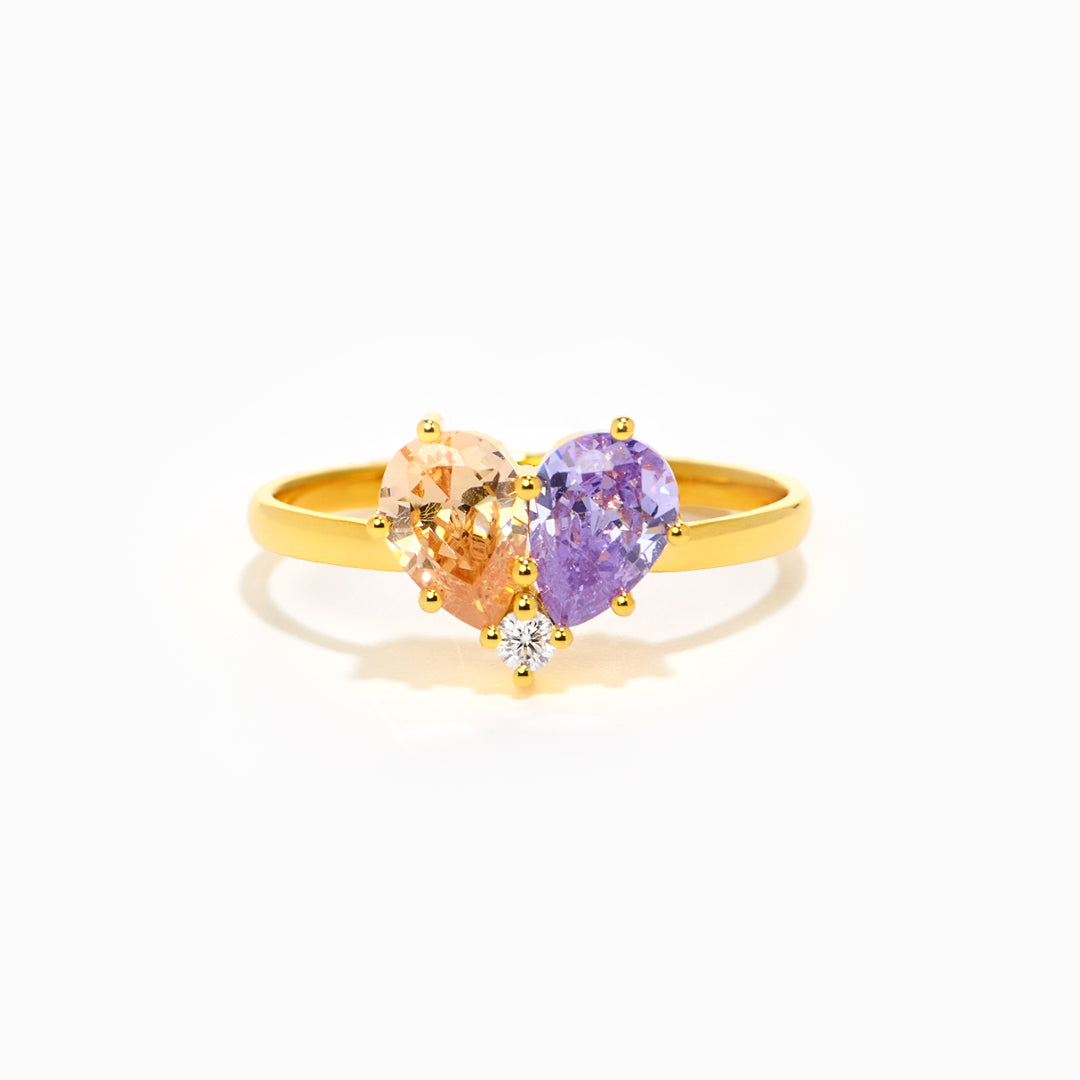 Mother & Daughter Dual Water Drop Birthstone Heart Ring