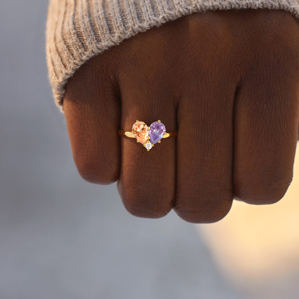 Mother & Daughter Dual Water Drop Birthstone Heart Ring