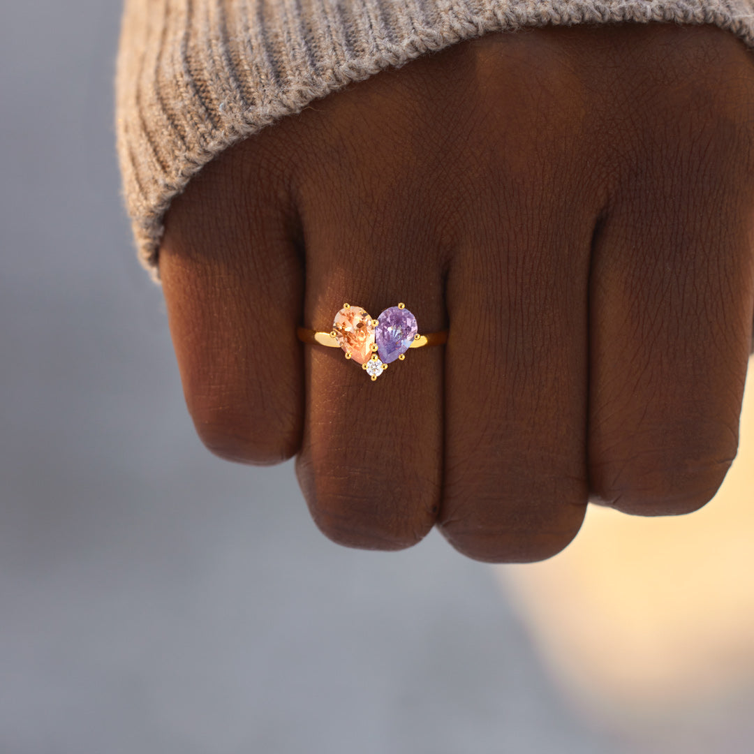 Mother & Daughter Dual Water Drop Birthstone Heart Ring