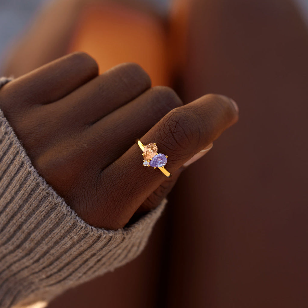 Mother & Daughter Dual Water Drop Birthstone Heart Ring