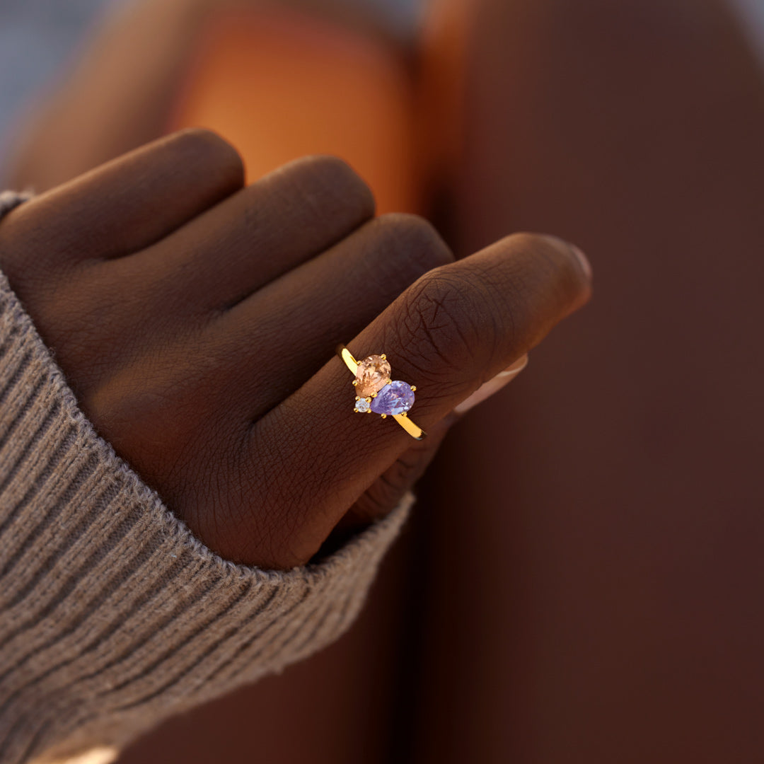 Mother & Daughter Dual Water Drop Birthstone Heart Ring