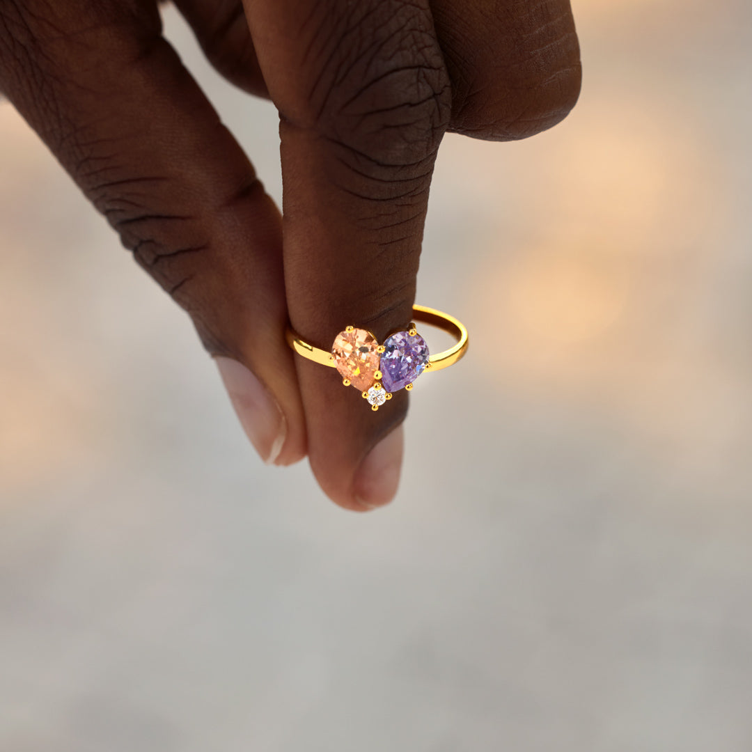 Mother & Daughter Dual Water Drop Birthstone Heart Ring