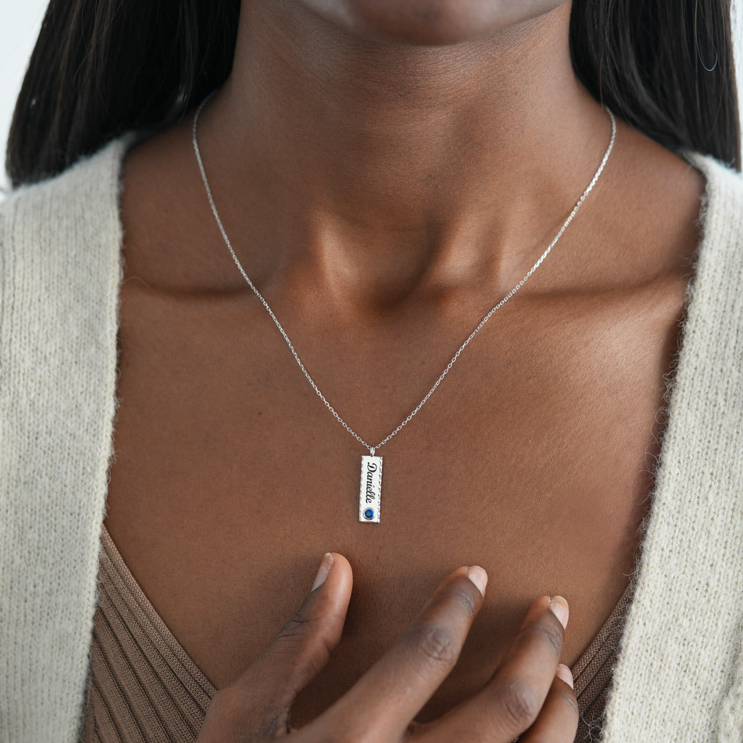 Vertical Sterling Silver Bar Name Necklace With Birthstone