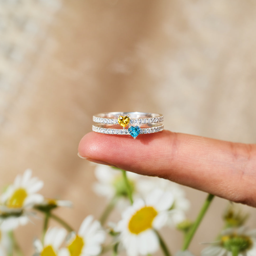 Next To You Two Heart-Shape Birthstone Double Band Ring