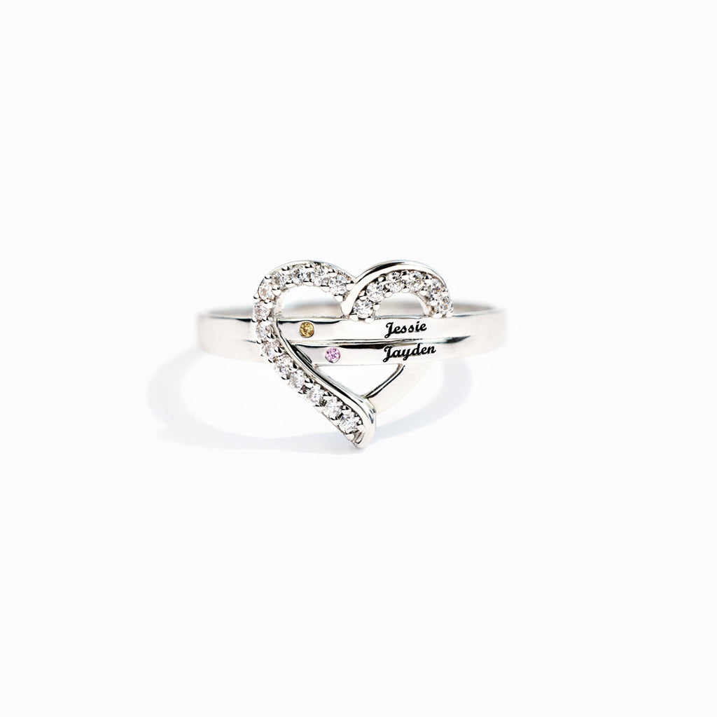 We're A Team Two Names&Birthstones Heart Ring