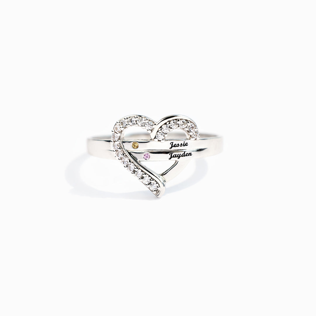 We're A Team Two Names&Birthstones Heart Ring