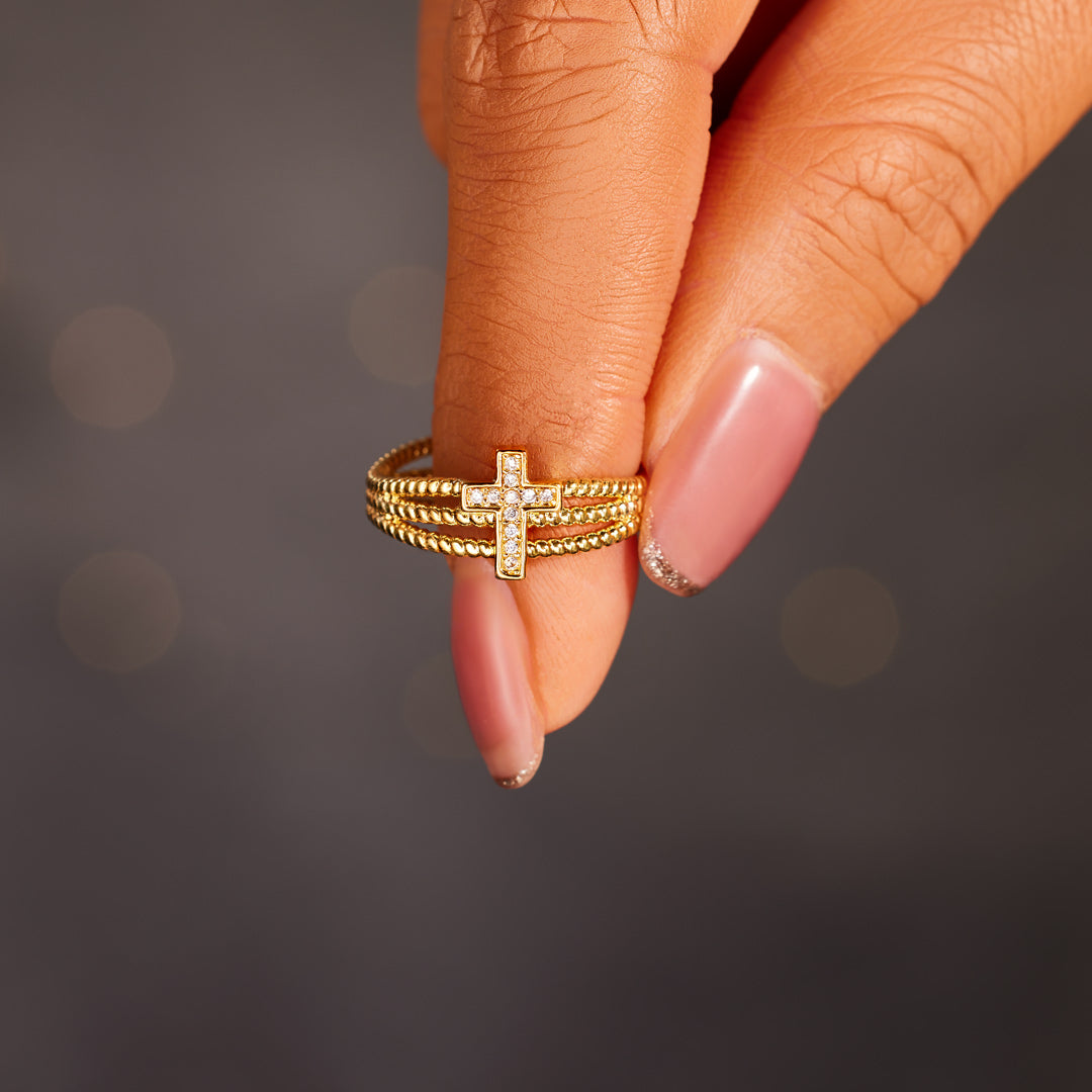 Pray Big Worry Small Triple Band Cross Ring