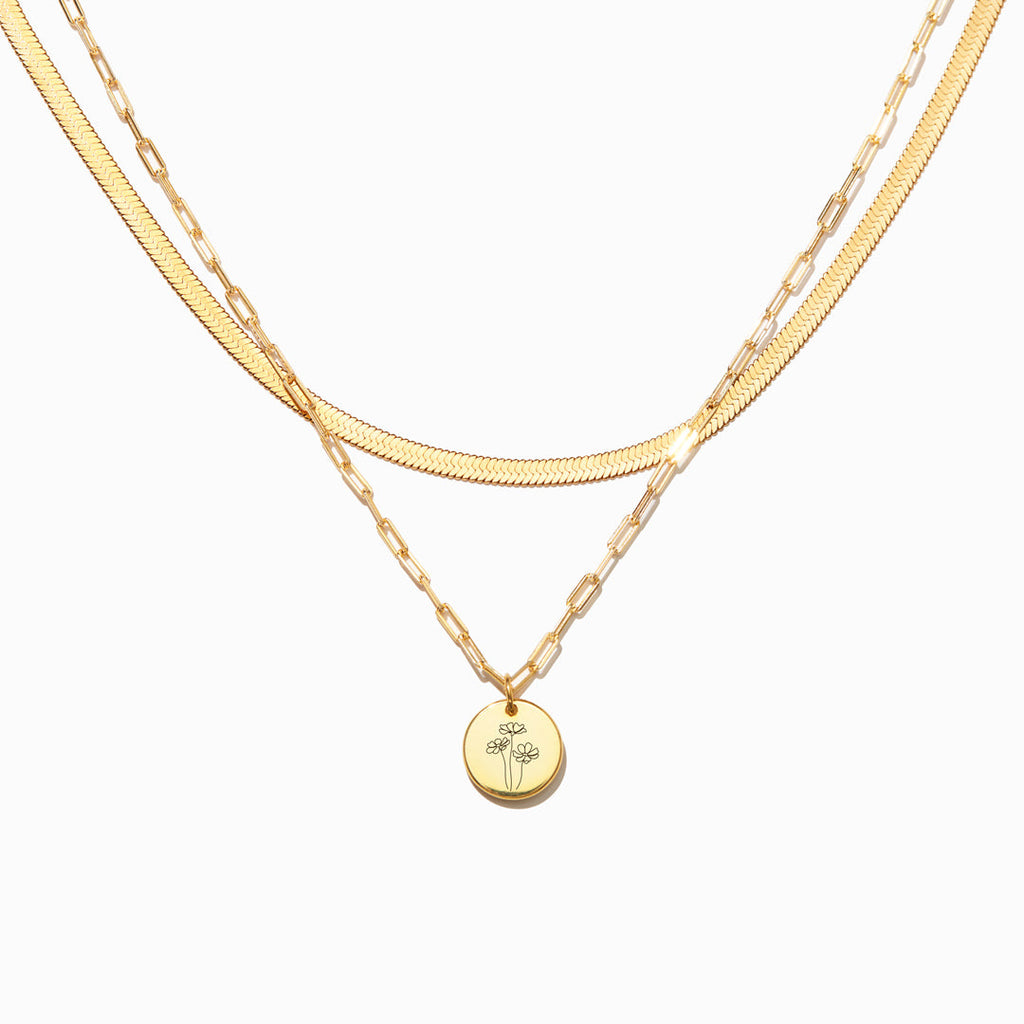 Engraved Birth Month Flower Necklace Set
