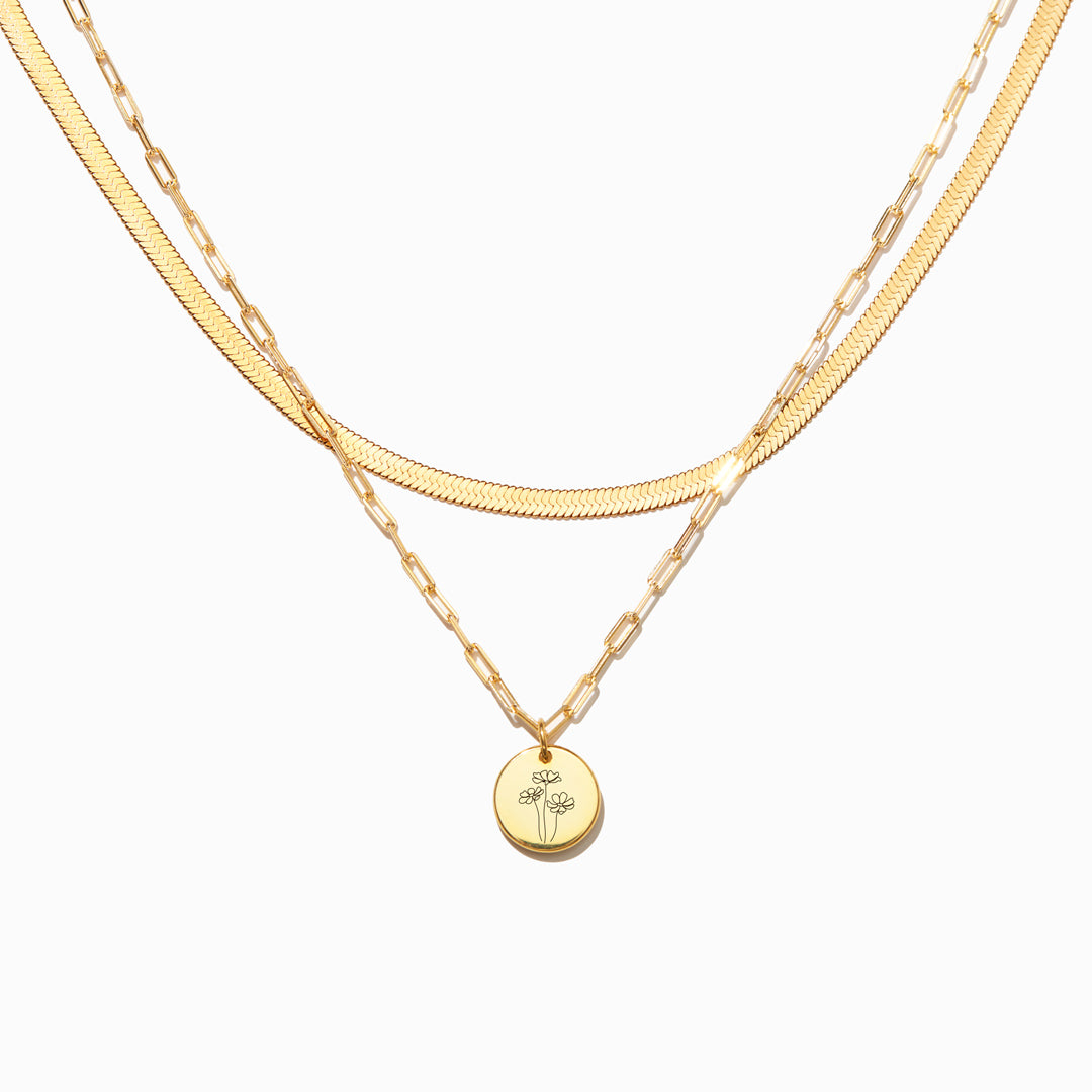 Engraved Birth Month Flower Necklace Set