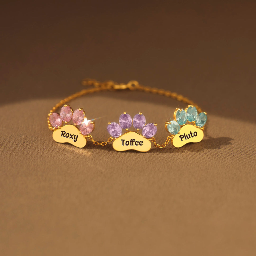 Proud Dog Mom Paw & Name 1-6 Birthstone Bracelet