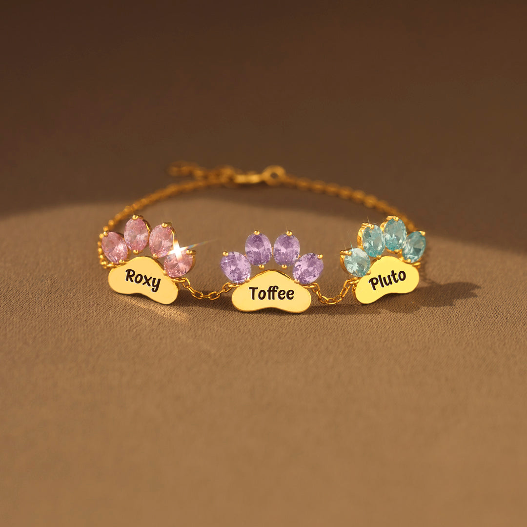 Proud Dog Mom Paw & Name 1-6 Birthstone Bracelet