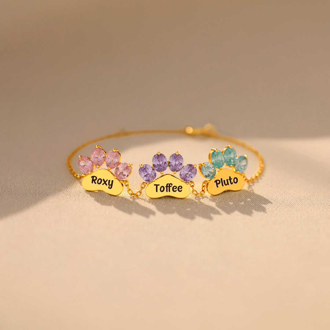 Proud Dog Mom Paw & Name 1-6 Birthstone Bracelet