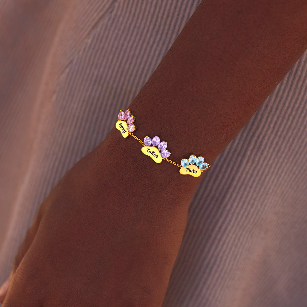 Proud Dog Mom Paw & Name 1-6 Birthstone Bracelet