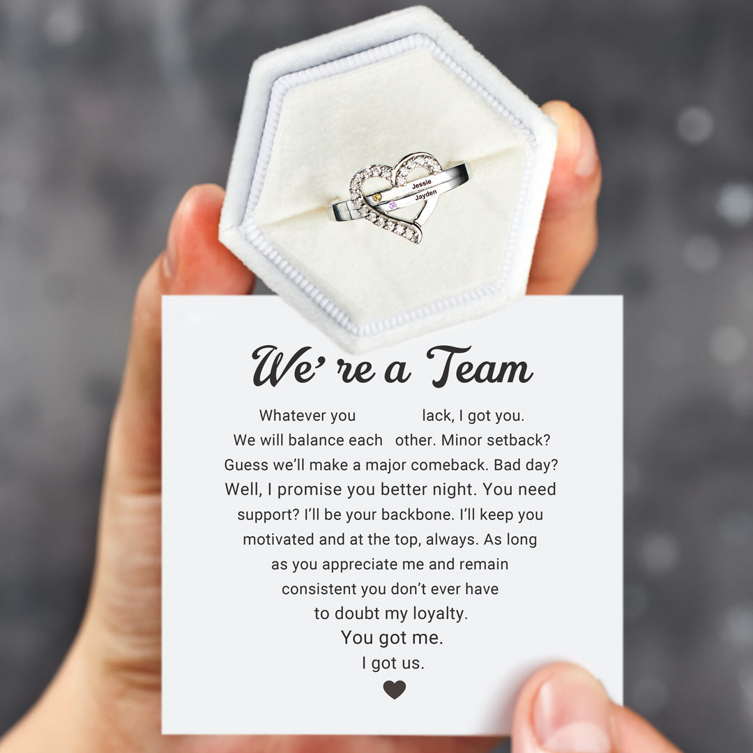 We're A Team Two Names&Birthstones Heart Ring