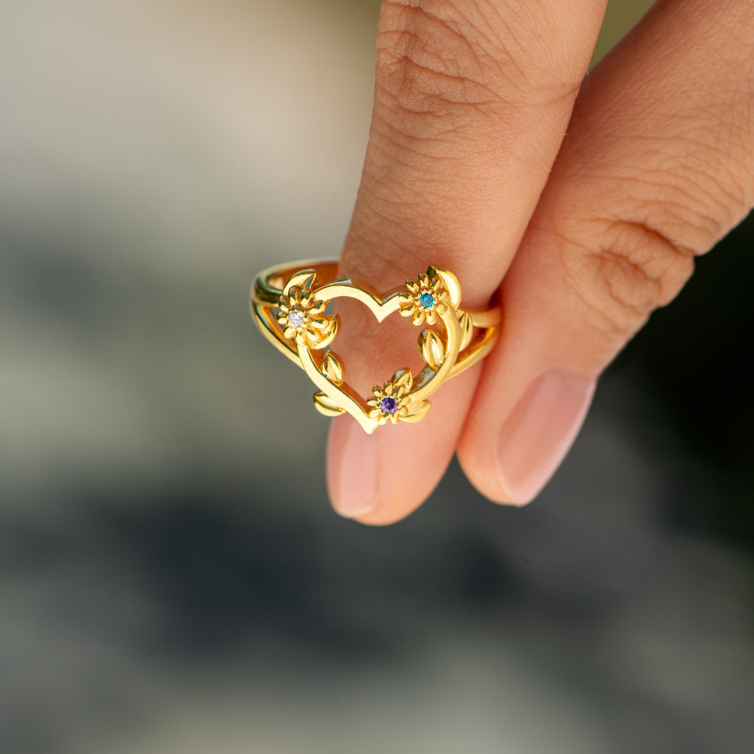 1-6 Birthstone Flowers Heart Ring