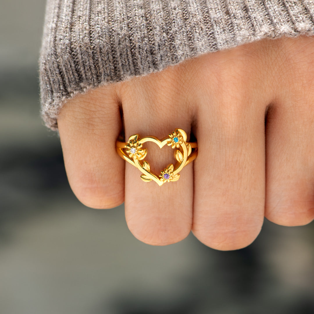 1-6 Birthstone Flowers Heart Ring