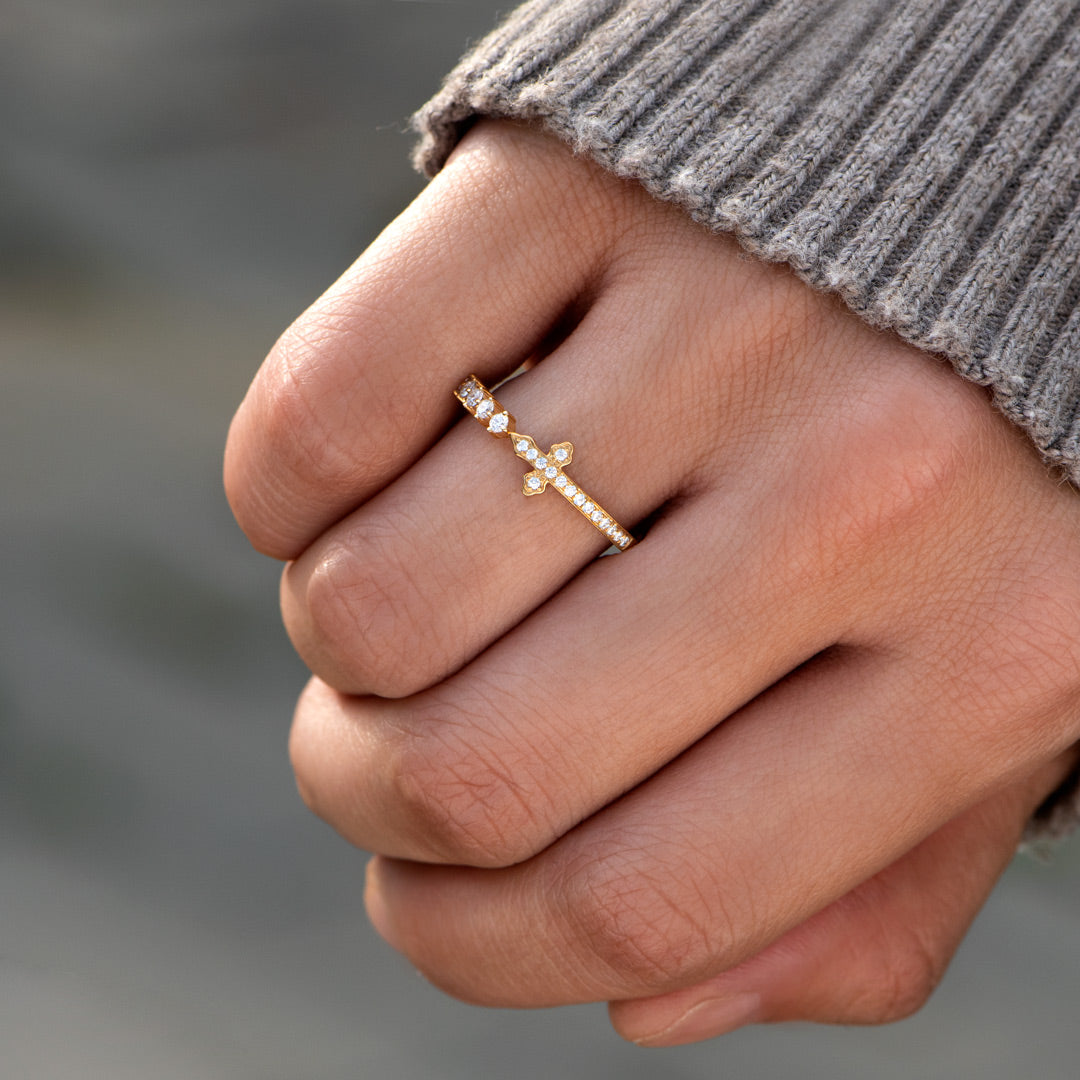 Remember God Is In Control Pavé Sideways Cross Ring