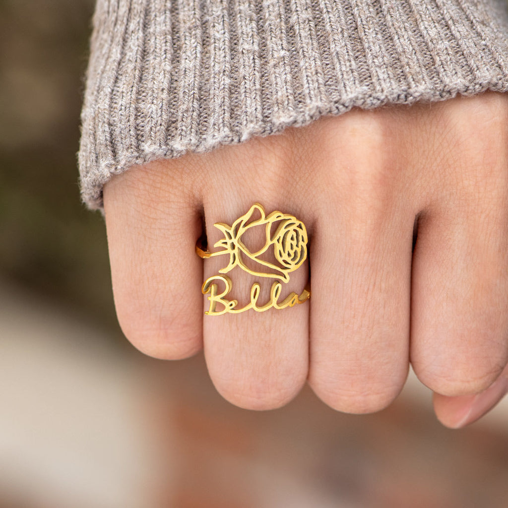 Personalized Birth Flower Name Ring