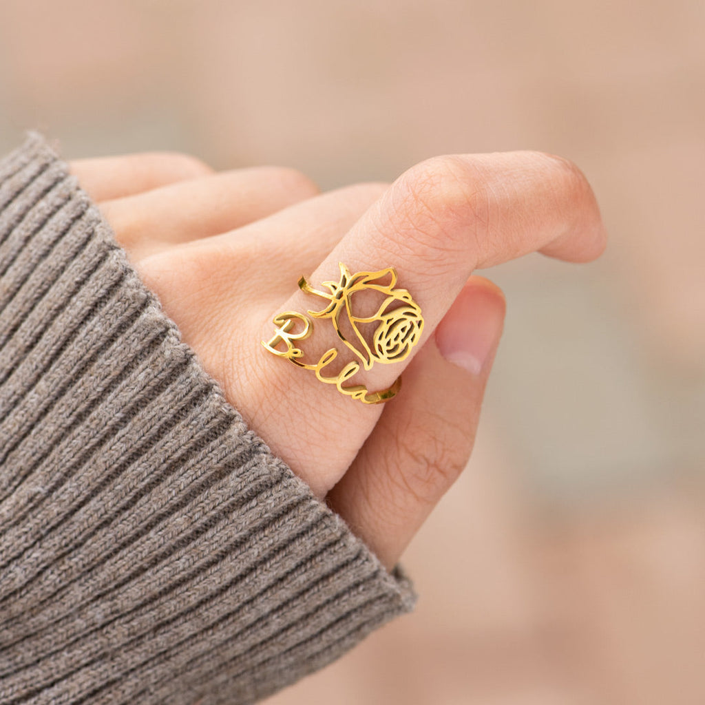 Personalized Birth Flower Name Ring