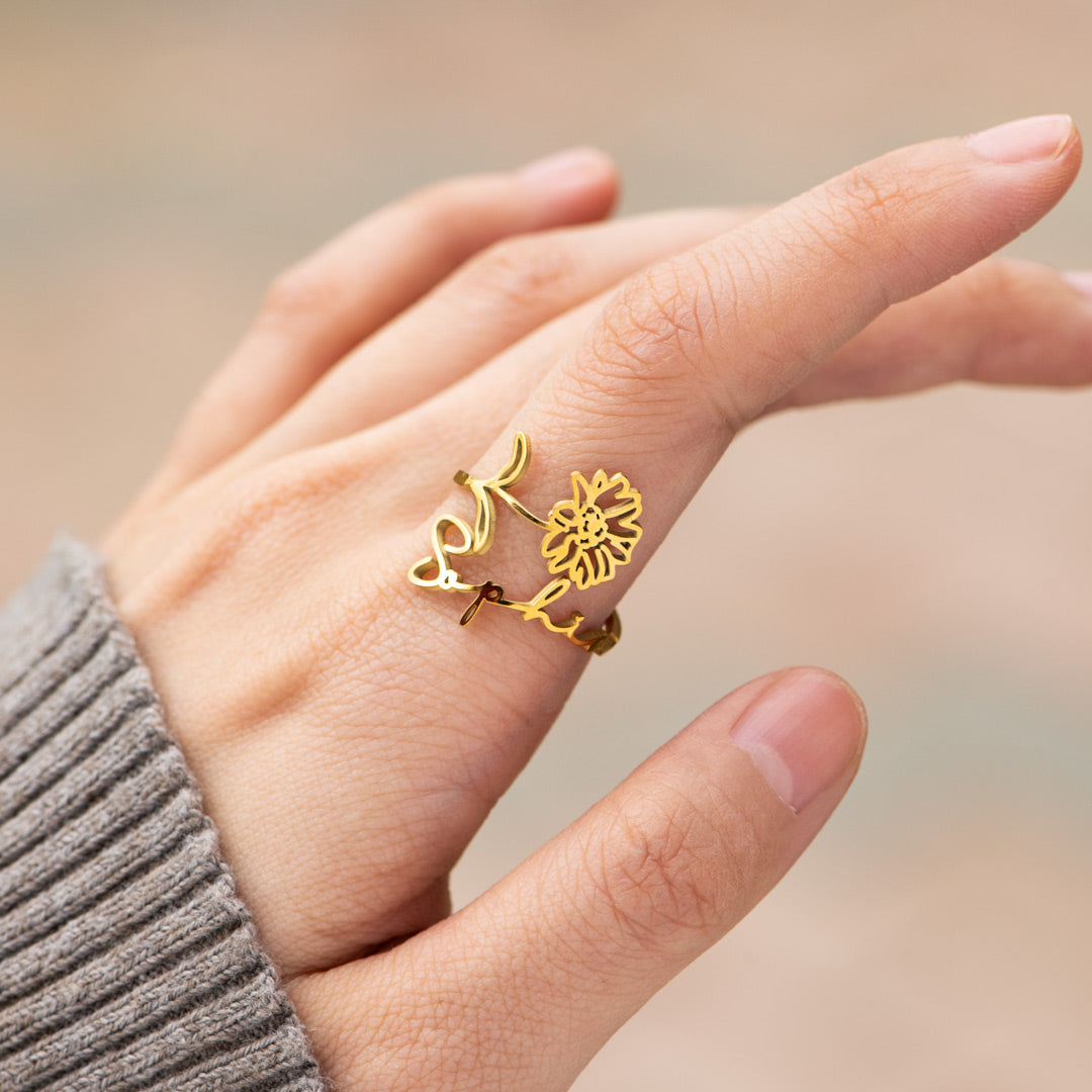 Personalized Birth Flower Name Ring