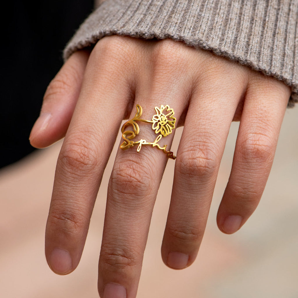 Personalized Birth Flower Name Ring