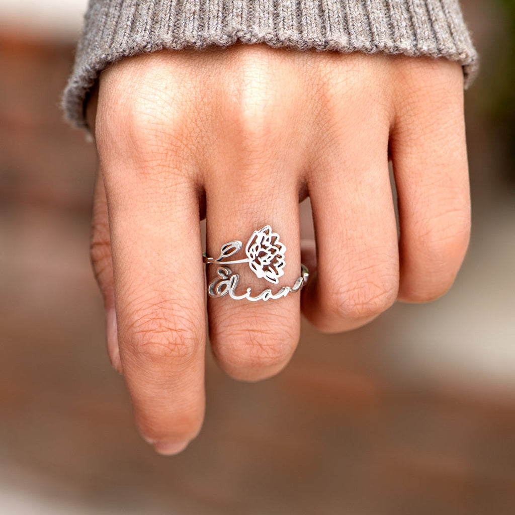 Personalized Birth Flower Name Ring